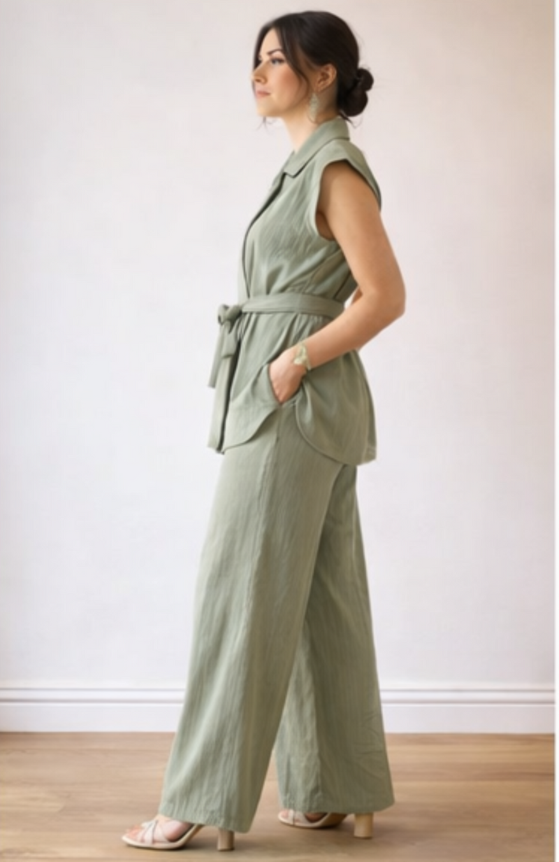 Model wearing sage 2 piece belted top with matching trouser