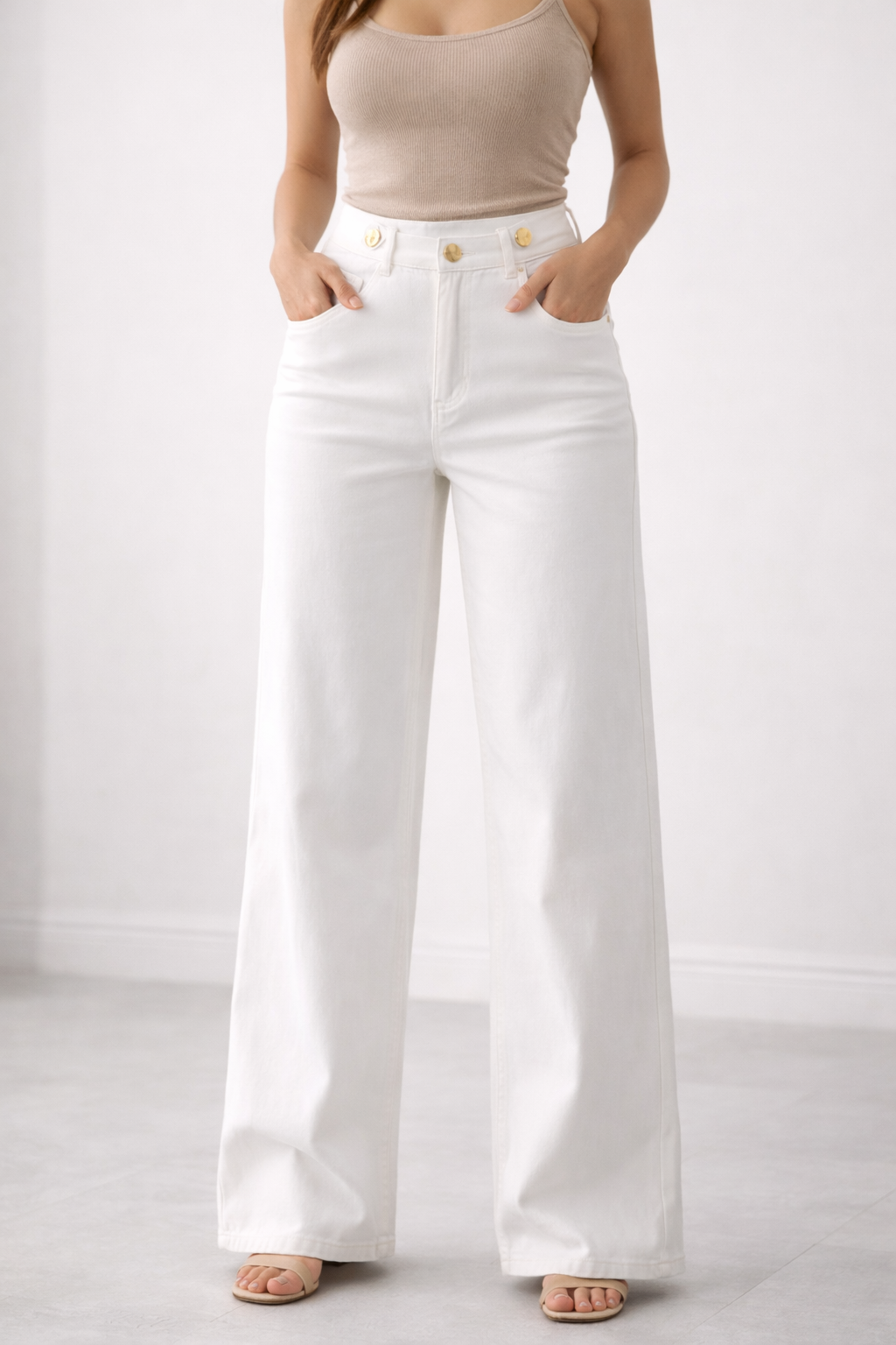 White High Waist Stretch Cotton Wide Leg Trousers