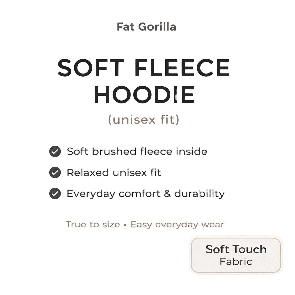 Product description card for a soft fleece hoodie by Fat Gorilla on a light gray background.