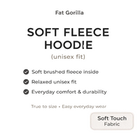 Product description card for a soft fleece hoodie by Fat Gorilla on a light gray background.