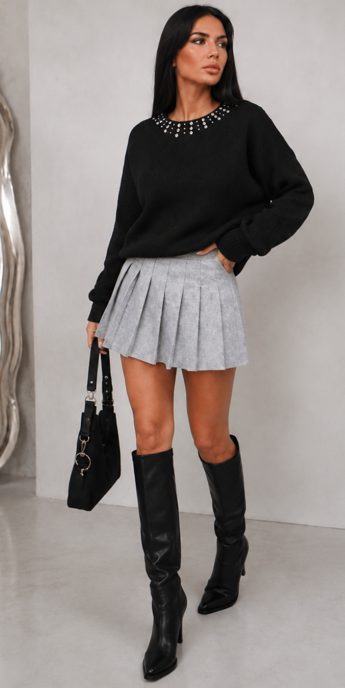 A woman stands in a minimalist studio wearing a black crewneck sweater with a beaded neckline, a light gray pleated mini skirt, black knee-high boots, and holding a black handbag.