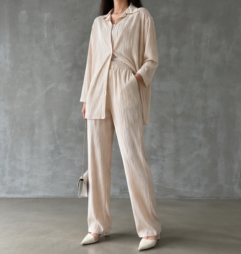 Women’s Pleated Co-Ord Set – Oversized Shirt  Wide Leg Trousers