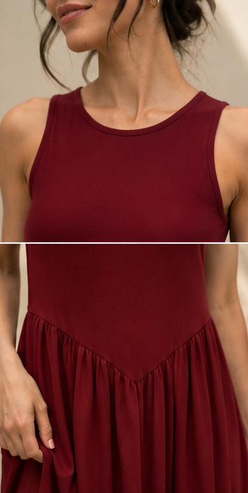 A woman wearing a sleeveless scoop-neck dress in deep burgundy, shown in a close-up split view of the upper torso and skirt.