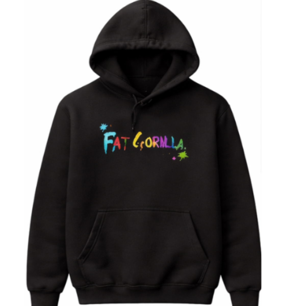 Black hoodie with colorful text on a white background