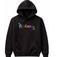 Black hoodie with colorful text on a white background