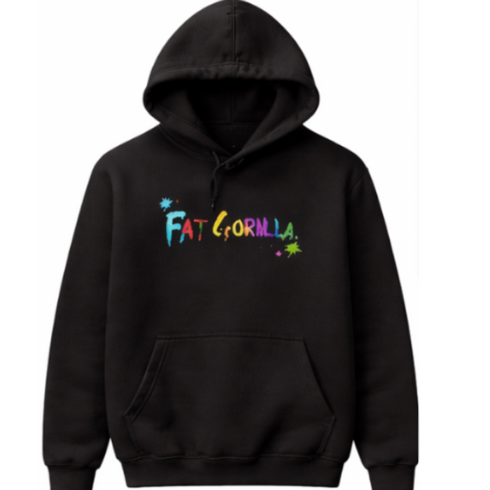 Black hoodie with colorful text on a white background