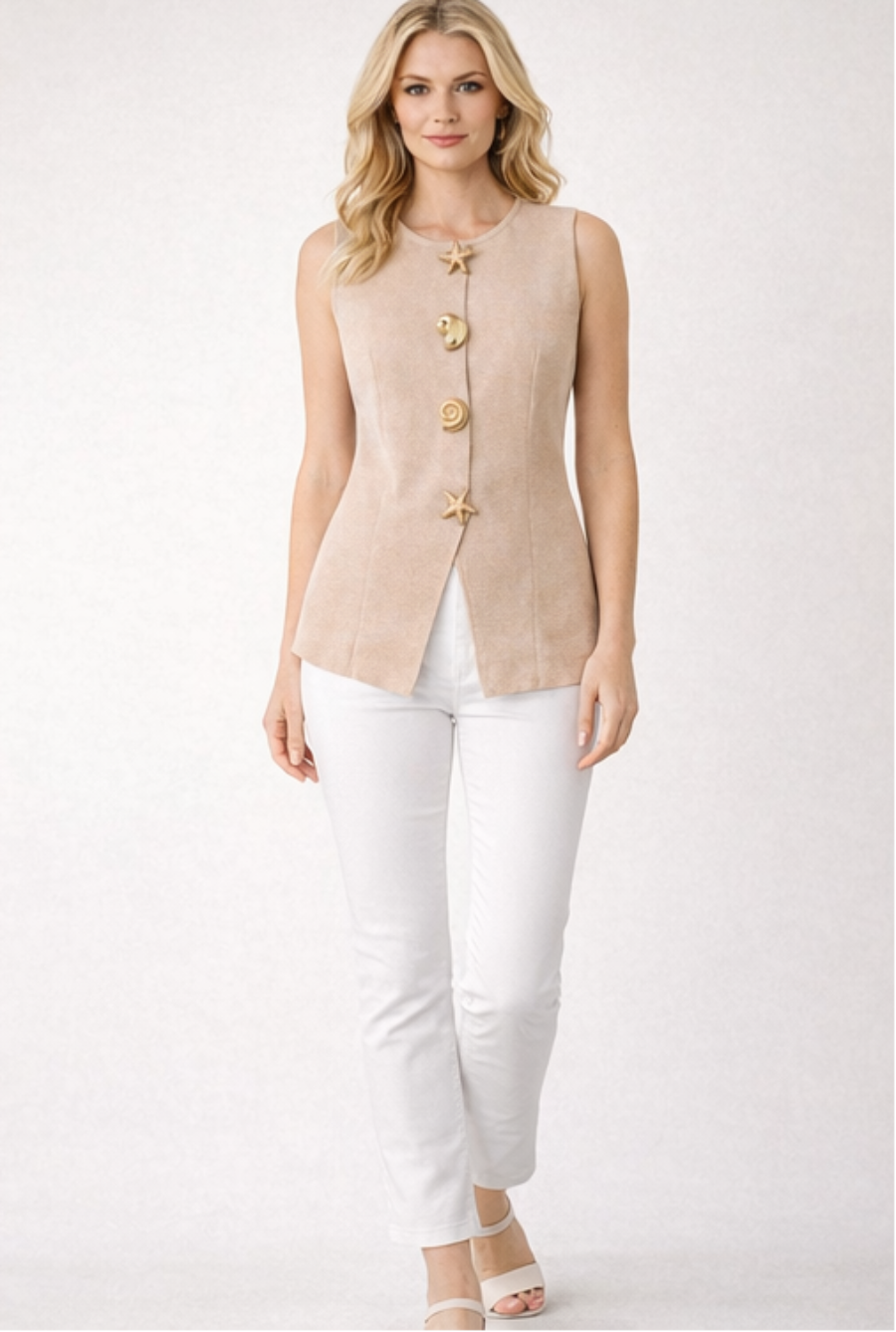 Coastal Gold Button Textured Tunic - Navy and Beige