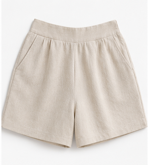 Women’s Linen Blend Elastic Waist Shorts with Side Pockets | Casual Summer Pull-On Shorts | Beige FG1001