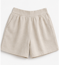 Women’s Linen Blend Elastic Waist Shorts with Side Pockets | Casual Summer Pull-On Shorts | Beige FG1001