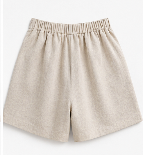 Women’s Linen Blend Elastic Waist Shorts with Side Pockets | Casual Summer Pull-On Shorts | Beige FG1001