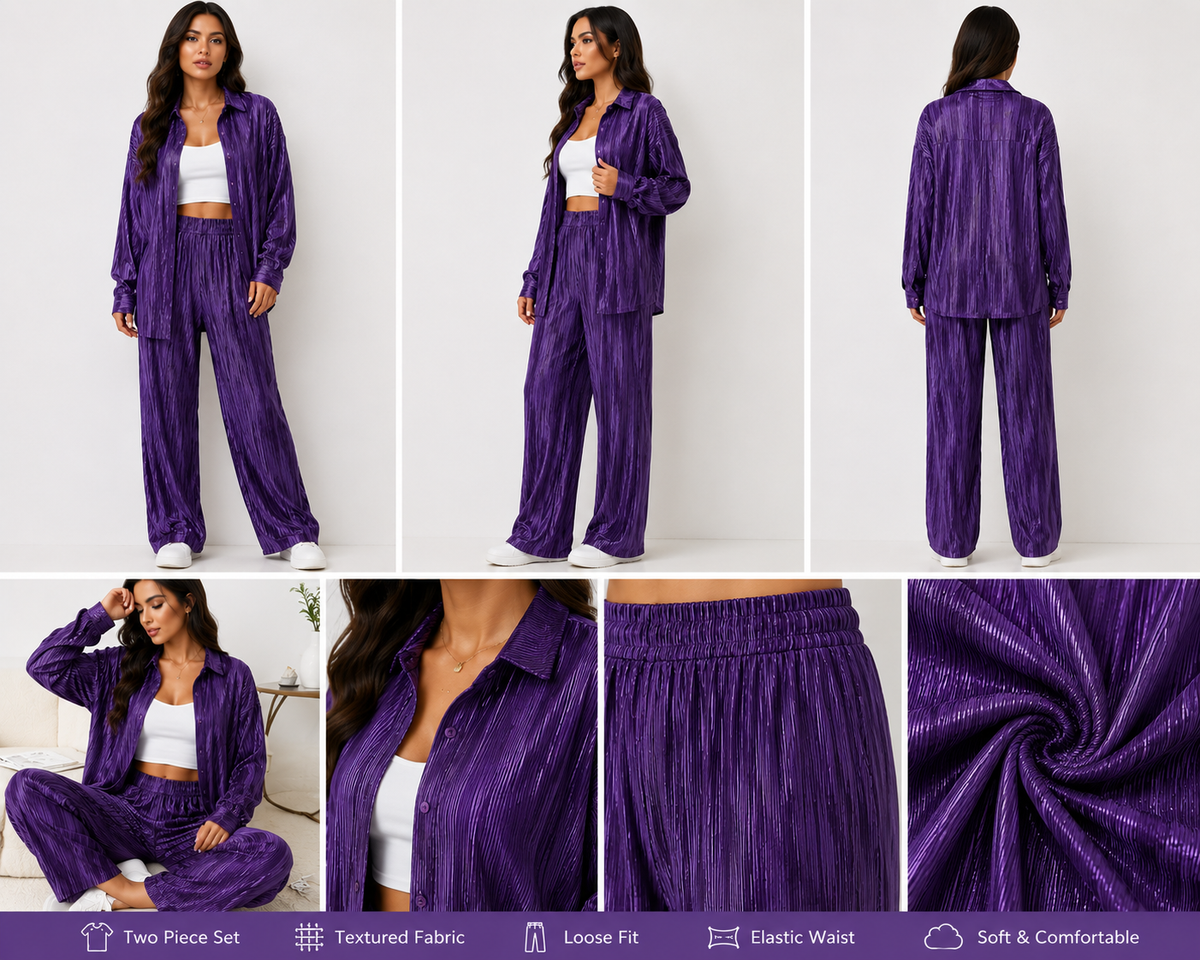 Purple two-piece outfit with various angles and details on a white background