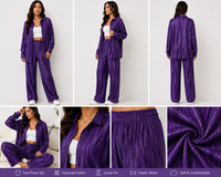 Purple two-piece outfit with various angles and details on a white background