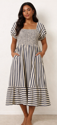 Fat Gorilla Navy and Cream Stripe Shirred Midi Dress