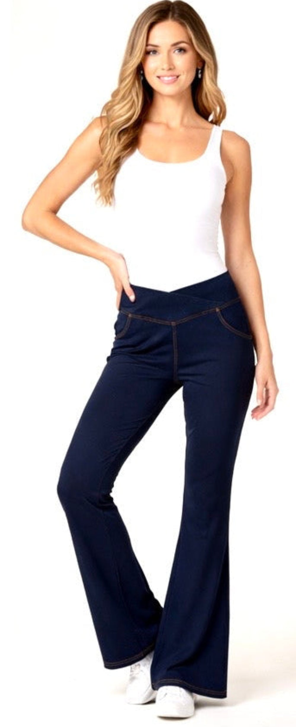 Womens High Waist V Front Flare Trousers - Deep Navy