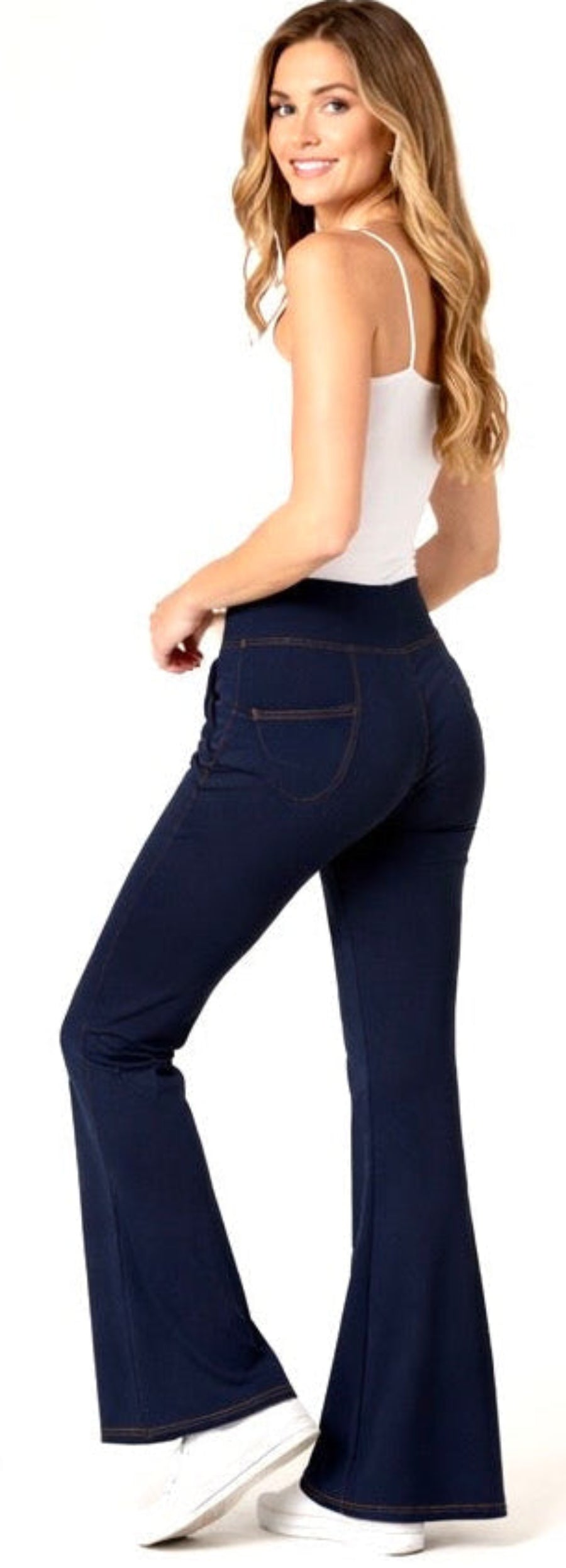 Womens High Waist V Front Flare Trousers - Deep Navy