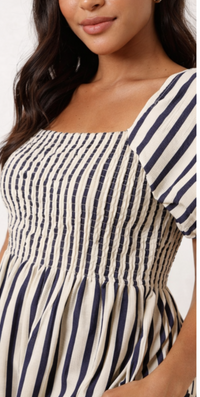 Fat Gorilla Navy and Cream Stripe Shirred Midi Dress