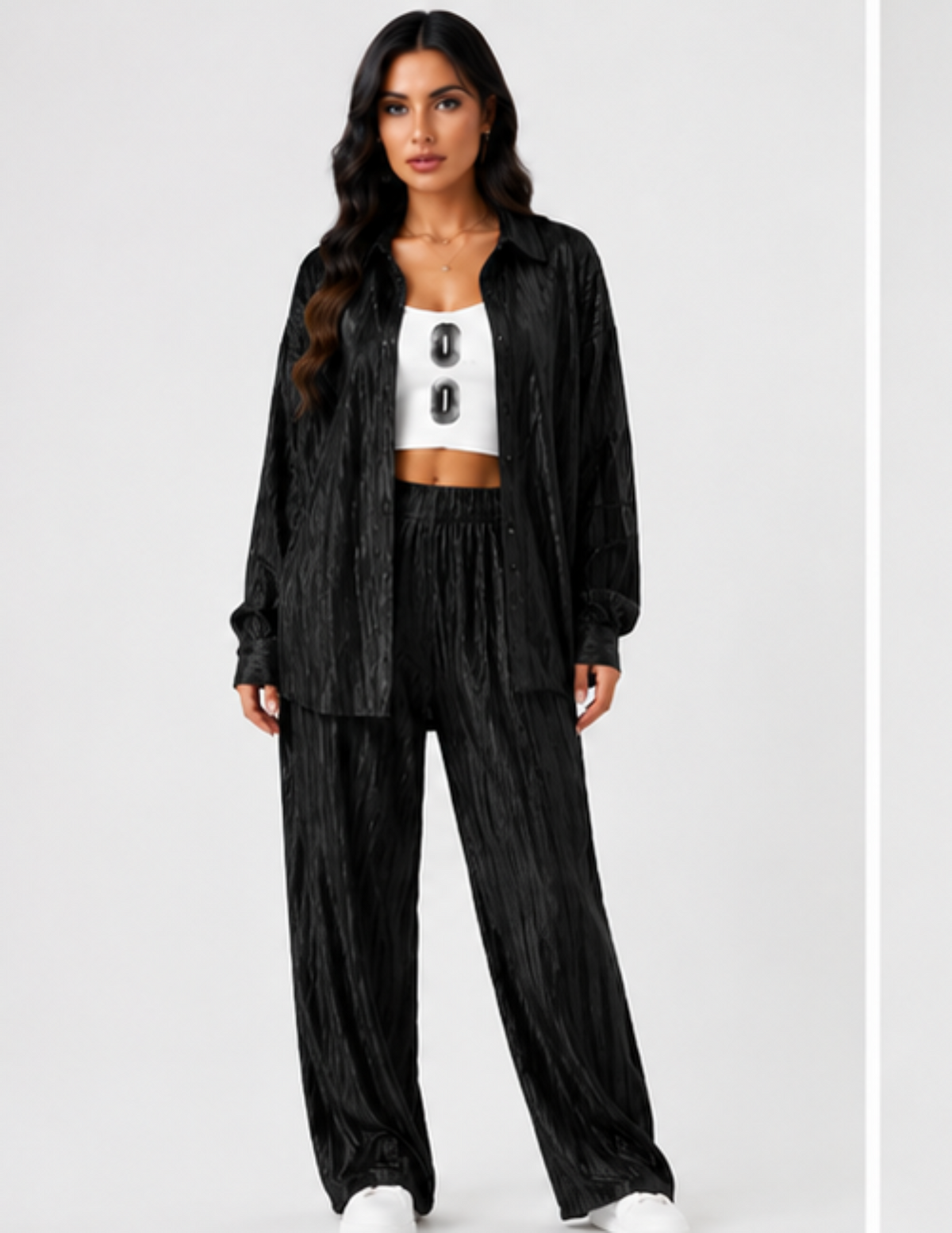 Pleated Lounge Co-Ord Set for Women | Relaxed Fit Shirt & Wide Leg Trousers | Black / Purple