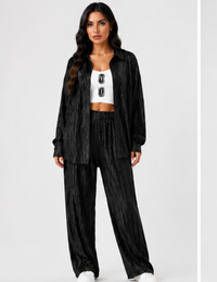 Pleated Lounge Co-Ord Set for Women | Relaxed Fit Shirt & Wide Leg Trousers | Black / Purple