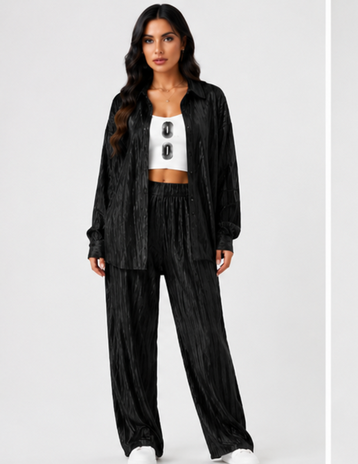 Pleated Lounge Co-Ord Set for Women | Relaxed Fit Shirt & Wide Leg Trousers | Black / Purple