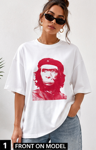 Woman wearing a white t-shirt with a red graphic design on a plain background