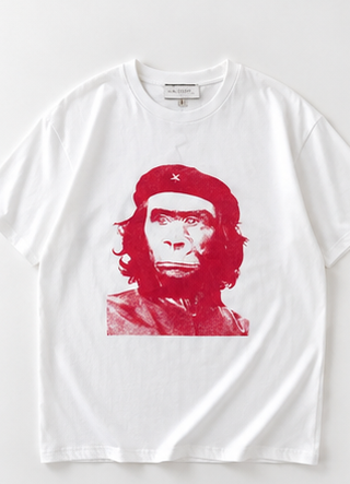 White t-shirt with a red graphic of a monkey wearing cap on a white background