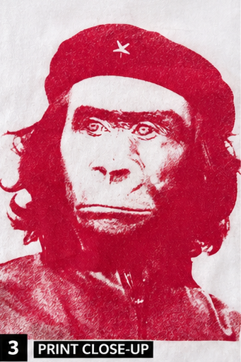 Red and white graphic of a gorilla man face wearing a red beret with a star on a white background.