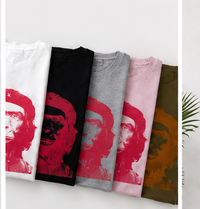 Five folded t-shirts with a red graphic design on a white background