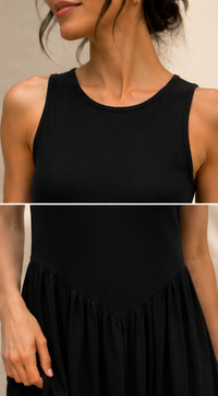 A woman wearing a sleeveless black dress with a round neckline and a gathered skirt, shown in a close-up studio-style photo.