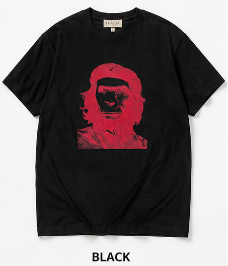 Black t-shirt with red graphic design on a white background