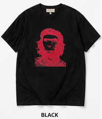 Black t-shirt with red graphic design on a white background
