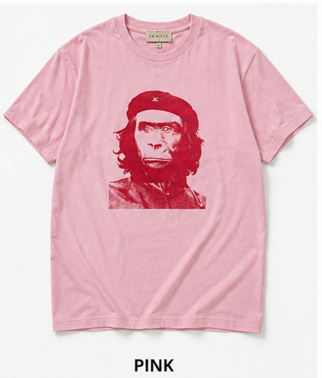 Pink t-shirt with a graphic of a person wearing a red beret on a white background