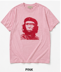 Pink t-shirt with a graphic of a person wearing a red beret on a white background
