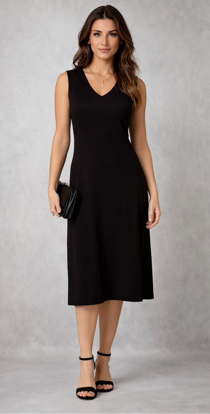 Black sleeveless dress shown from multiple angles on a gray background