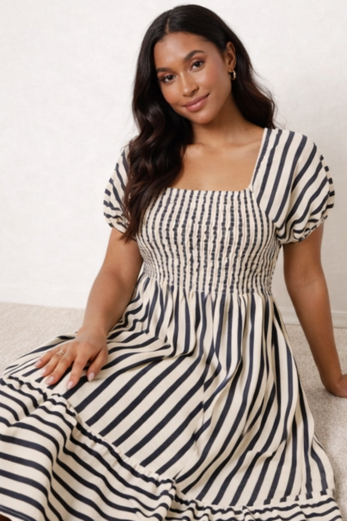 Fat Gorilla Navy and Cream Stripe Shirred Midi Dress