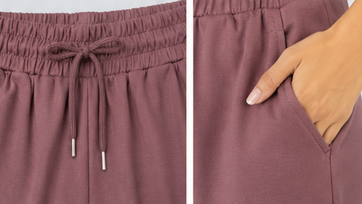 Mauve trouser close upwith drawstring and pocket detail on a light gray background