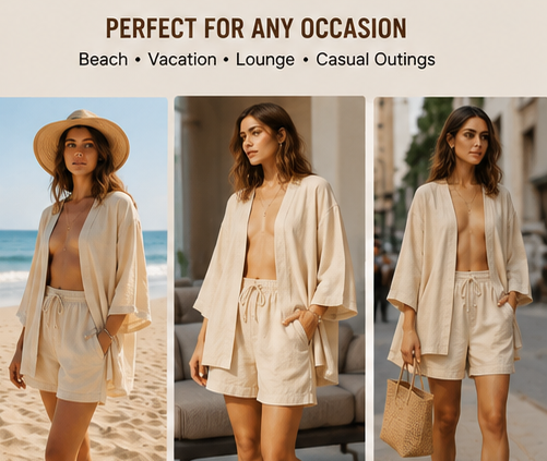 Women’s Lightweight Kimono & Shorts Co-Ord Set – Relaxed Fit Summer Loungewear 2 Piece Outfit