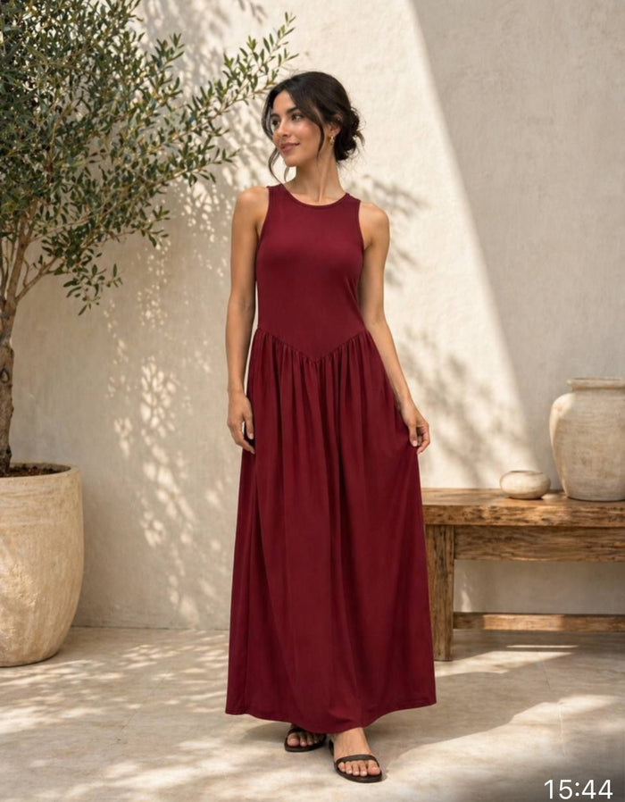 Fat Gorilla London Sleeveless Maxi Dress – Women's Stretch Maxi | Black & Burgundy
