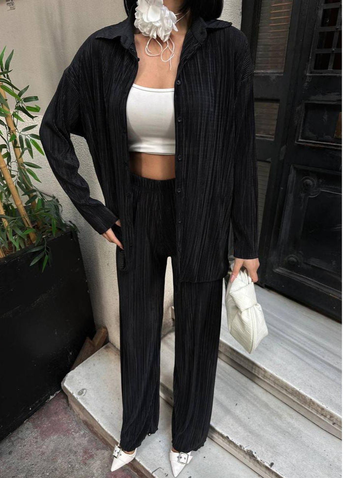 Fat Gorilla Womens casual loungewear 2pc outfit Pleat set long sleeve shirt pants  style 6911