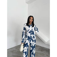 Women's Casual Outfits Print Two Piece Set Long Sleeve button Top Drawstring Long wide leg Pants 2441