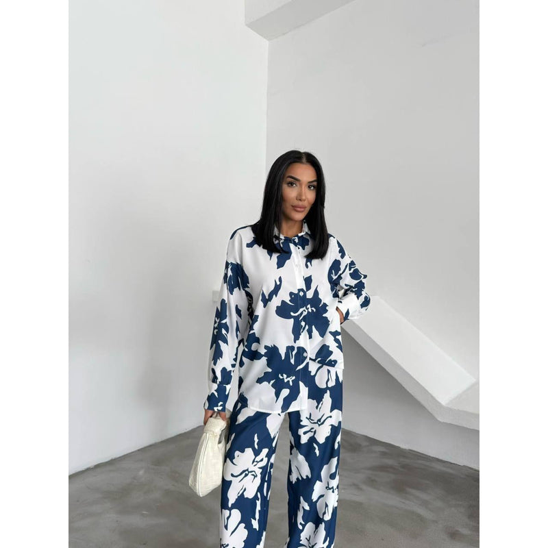 Women's Casual Outfits Print Two Piece Set Long Sleeve button Top Drawstring Long wide leg Pants 2441