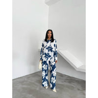Women's Casual Outfits Print Two Piece Set Long Sleeve button Top Drawstring Long wide leg Pants 2441