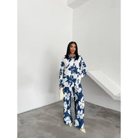 Women's Casual Outfits Print Two Piece Set Long Sleeve button Top Drawstring Long wide leg Pants 2441