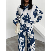 Women's Casual Outfits Print Two Piece Set Long Sleeve button Top Drawstring Long wide leg Pants 2441