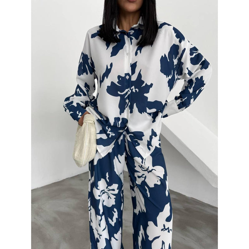 Women's Casual Outfits Print Two Piece Set Long Sleeve button Top Drawstring Long wide leg Pants 2441