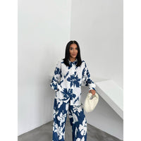 Women's Casual Outfits Print Two Piece Set Long Sleeve button Top Drawstring Long wide leg Pants 2441