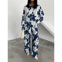 Women's Casual Outfits Print Two Piece Set Long Sleeve button Top Drawstring Long wide leg Pants 2441