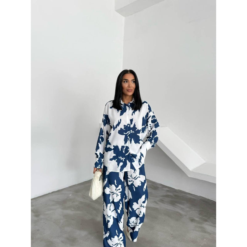 Women's Casual Outfits Print Two Piece Set Long Sleeve button Top Drawstring Long wide leg Pants 2441