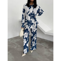 Women's Casual Outfits Print Two Piece Set Long Sleeve button Top Drawstring Long wide leg Pants 2441