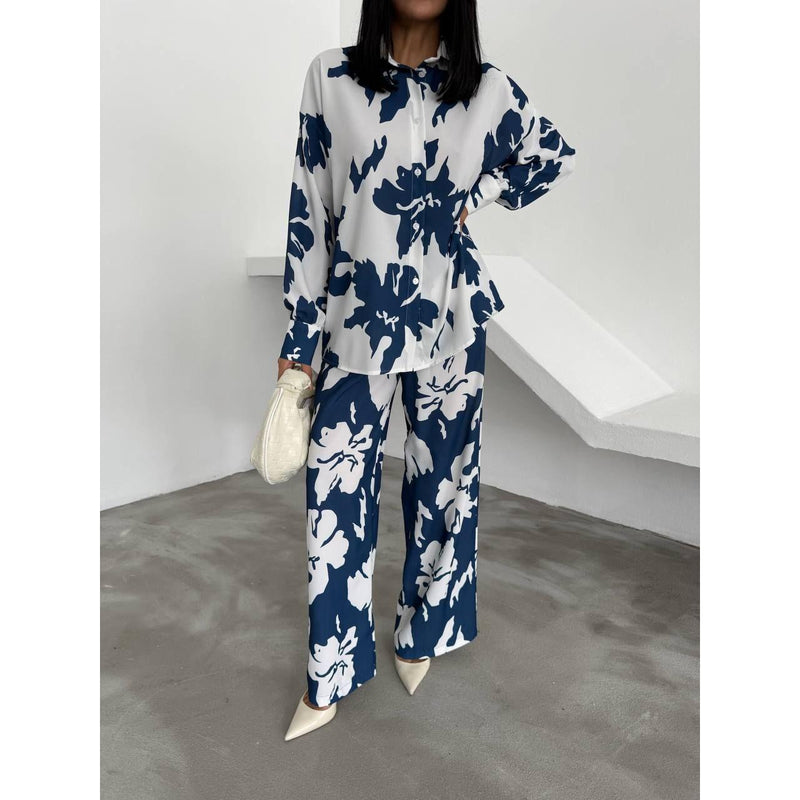 Women's Casual Outfits Print Two Piece Set Long Sleeve button Top Drawstring Long wide leg Pants 2441