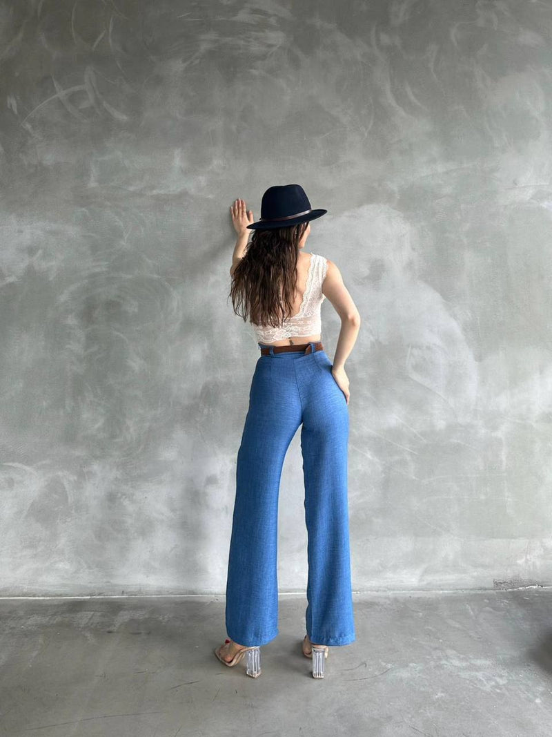 Fat Gorilla Womens Wide Leg Trousers Linen Blend Belted Palazzo Pants